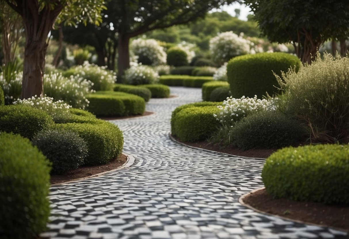 A winding path with alternating black and white tiles creates a mesmerizing optical illusion in a lush garden setting