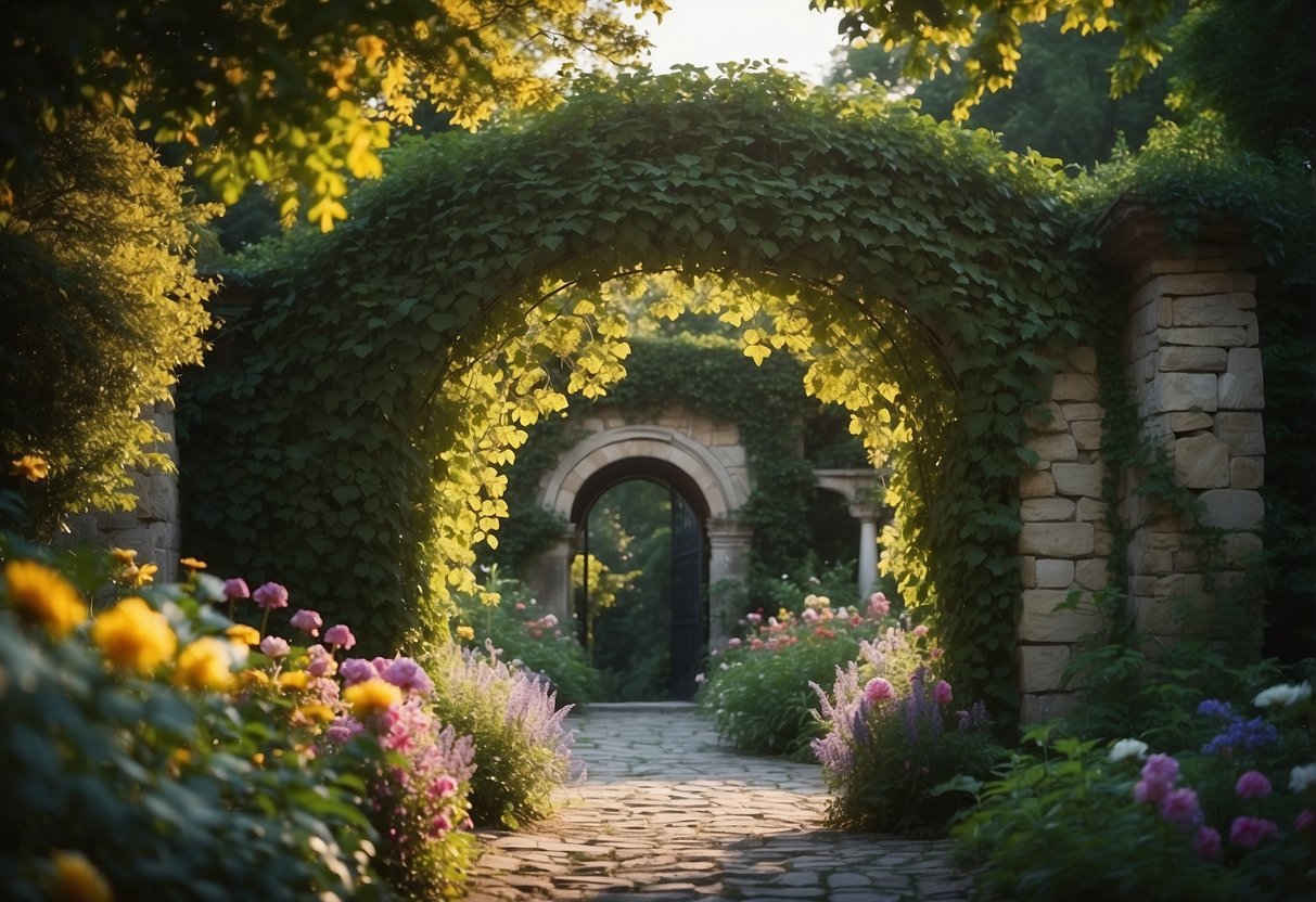 A stone archway covered in vines leads to a lush garden bursting with colorful flowers and towering trees, creating a sense of enchantment and mystery