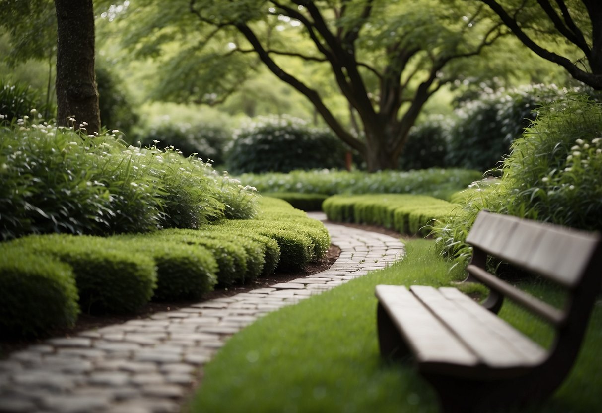 Lush greenery surrounds a winding path leading to a secluded garden bench, creating an illusion of depth and mystery