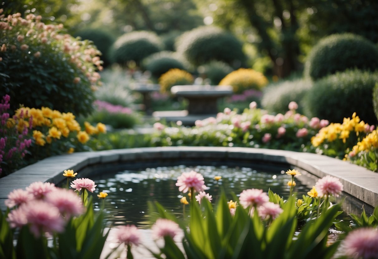 A serene garden with a shimmering water feature surrounded by lush greenery and colorful flowers, creating a tranquil and reflective atmosphere