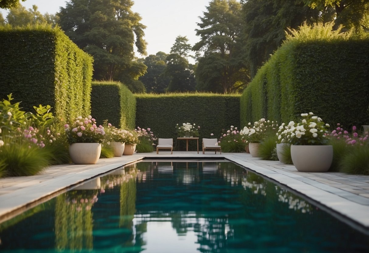 A serene infinity pool reflects lush greenery and vibrant flowers in a garden filled with optical illusions