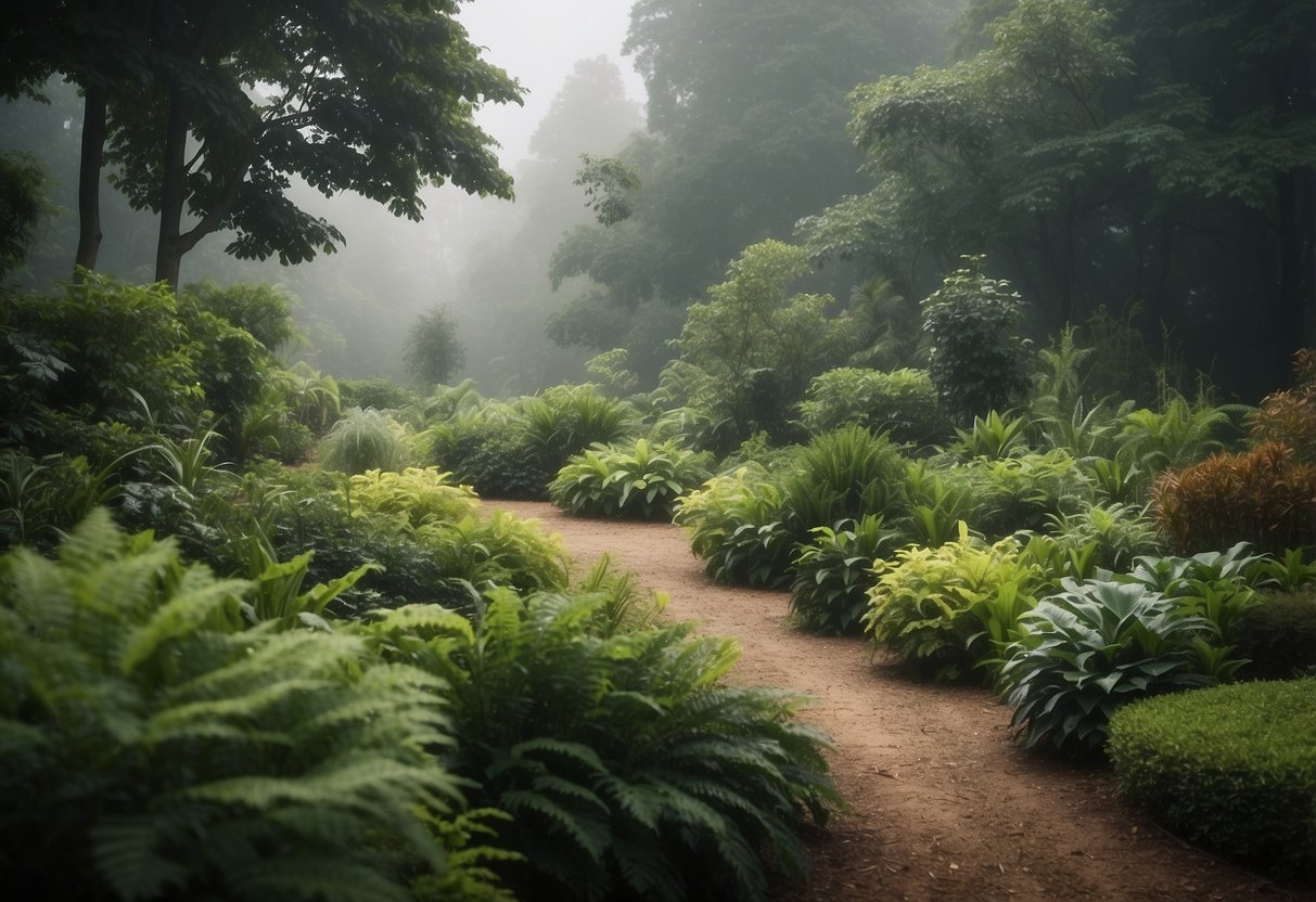 Lush greenery fades into distant mist, with layered plantings and varying heights to create depth and dimension in the garden