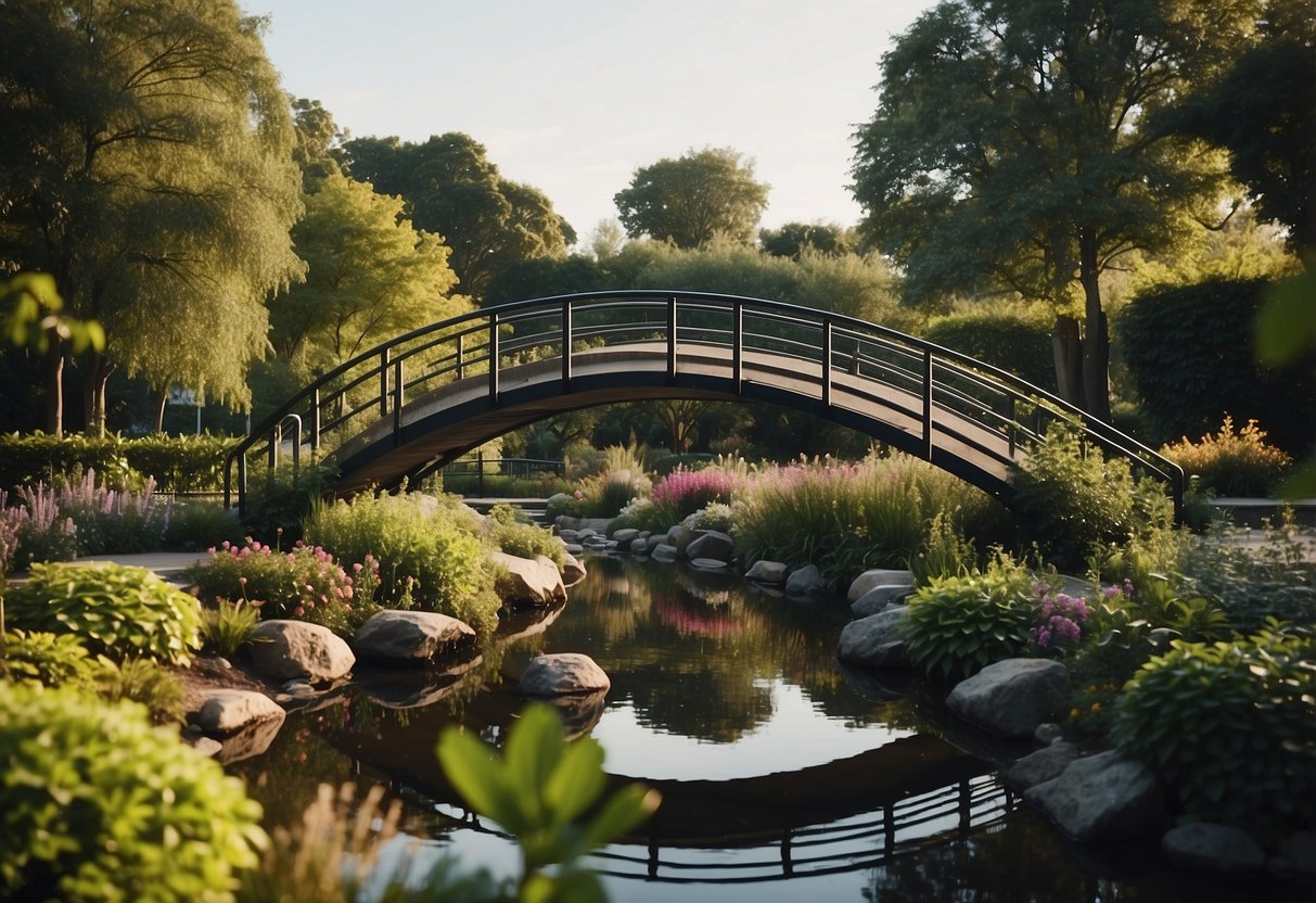 A sleek metal arch bridge spans a lush garden, blending modern design with natural beauty