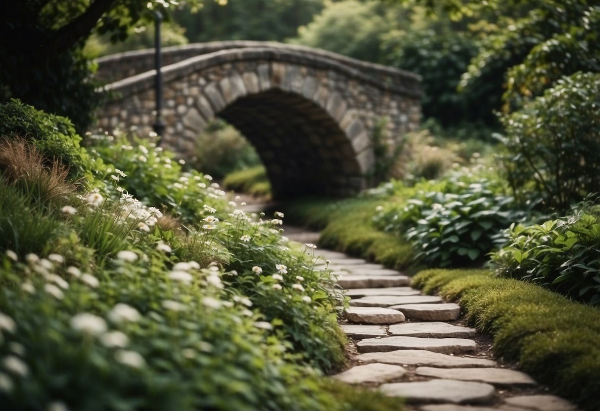 A stone-covered pathway winds through a lush garden, leading to a charming bridge over a small stream