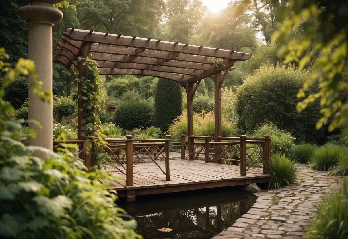 A pergola stands in a lush garden, with a charming bridge crossing a tranquil stream. The scene is filled with inspiring garden ideas