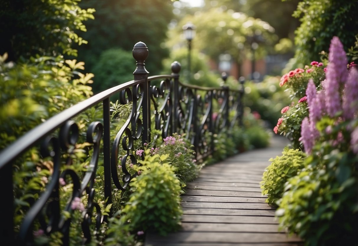 A curved wrought iron walkway bridges over a lush garden, with vibrant flowers and greenery surrounding it