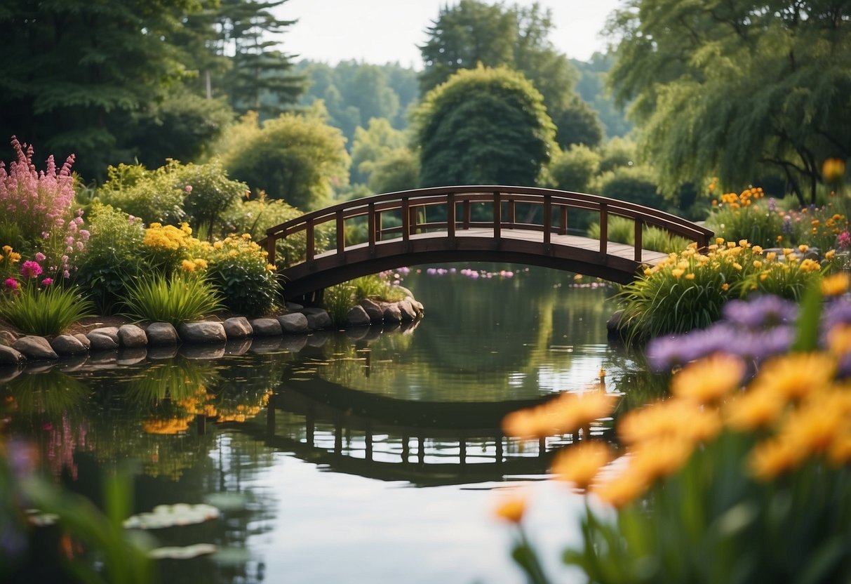 A serene garden with a floating timber bridge over a tranquil pond, surrounded by lush greenery and colorful flowers