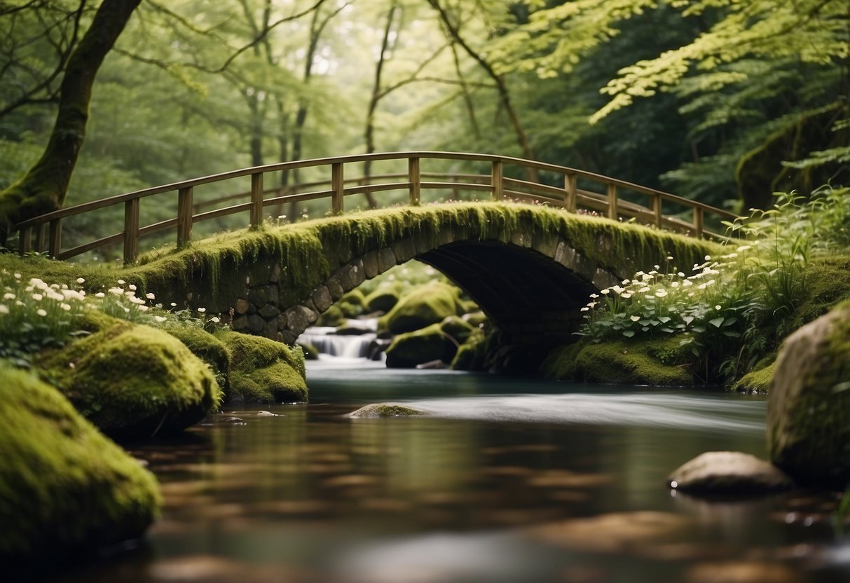 A moss-covered bridge over a tranquil stream, surrounded by lush greenery and blooming flowers