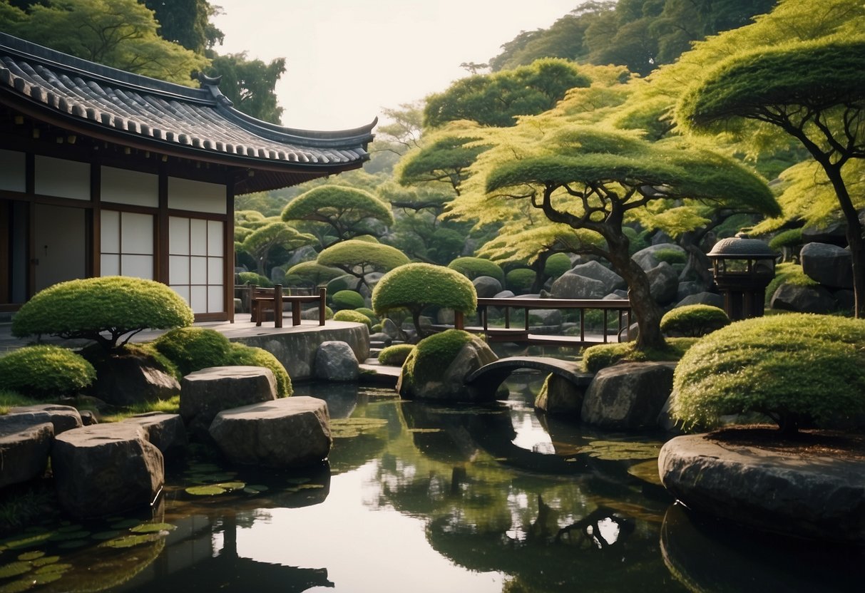 A serene Japanese garden with a Tsukubai water basin surrounded by lush greenery, stone pathways, and traditional lanterns