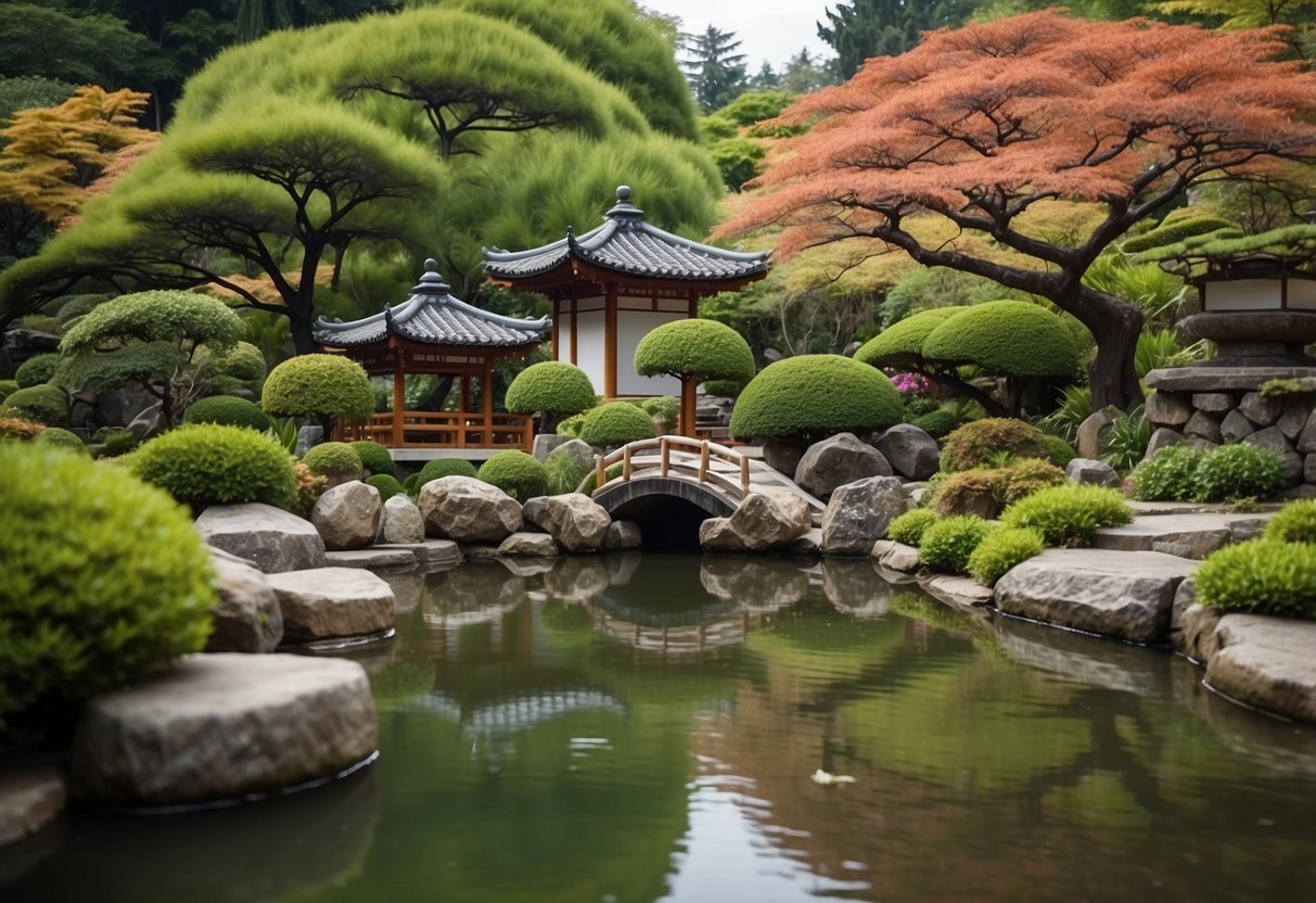 A serene Japanese garden with a stone lantern, bamboo fence, and peaceful koi pond surrounded by lush greenery and colorful flowers