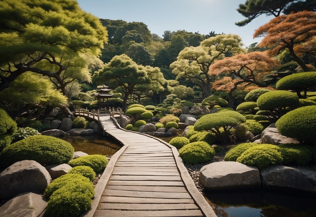 A serene Japanese garden with a winding stone path, a tranquil pond, and meticulously pruned trees and shrubs, all surrounded by a traditional wooden fence