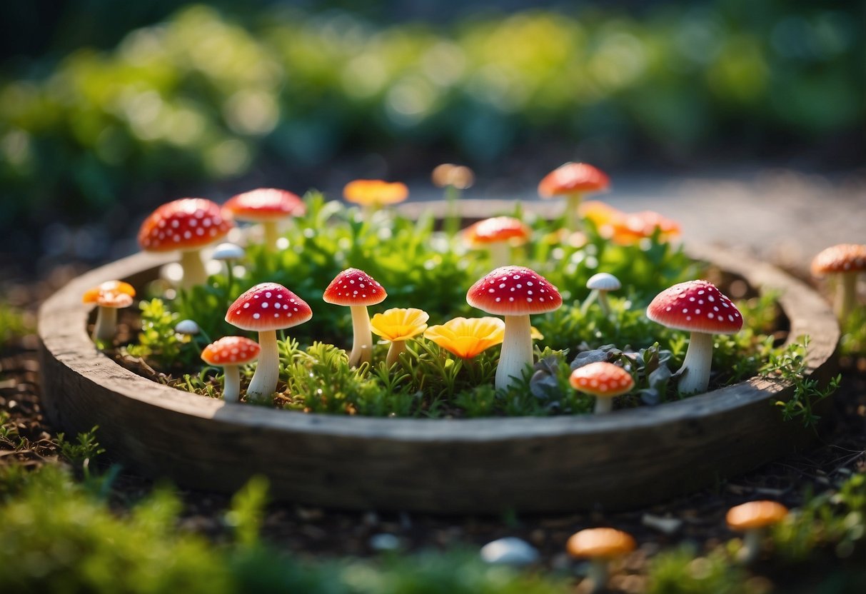 A circular flower bed with a fairy ring theme, featuring vibrant blooms and whimsical mushrooms, surrounded by lush greenery