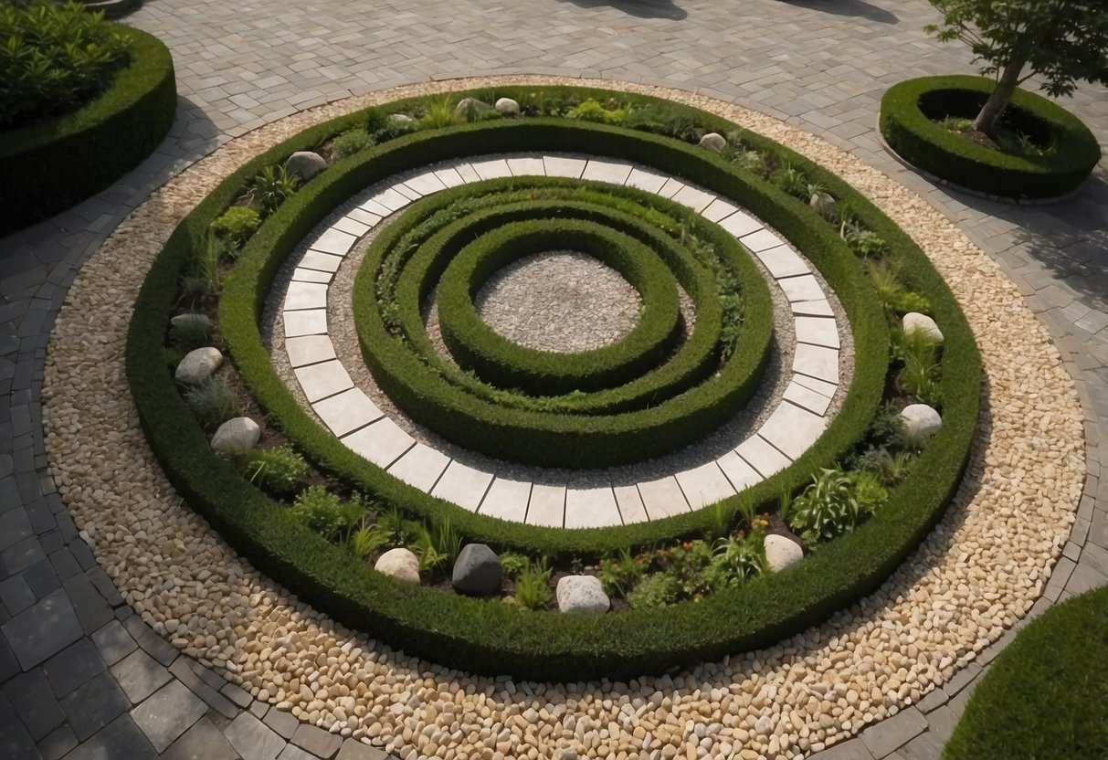 A circular garden design with a central feature of pebble stones