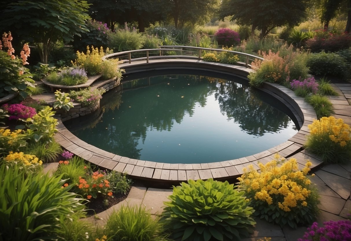 A circular deck surrounds a serene pond, with lush greenery and colorful flowers creating a beautiful garden design