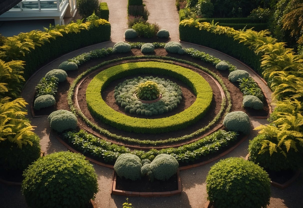 A circular garden with plants radiating from the center, creating a symmetrical and visually appealing pattern