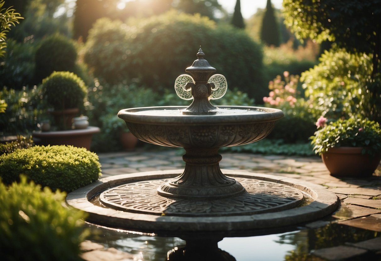 A circular garden with a central bird bath, surrounded by intricate designs and lush greenery