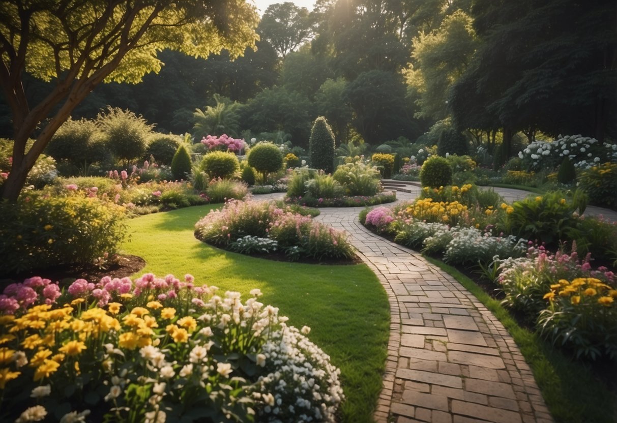 A lush circle garden with vibrant flowers and winding pathways, surrounded by a peaceful water feature and shaded seating areas