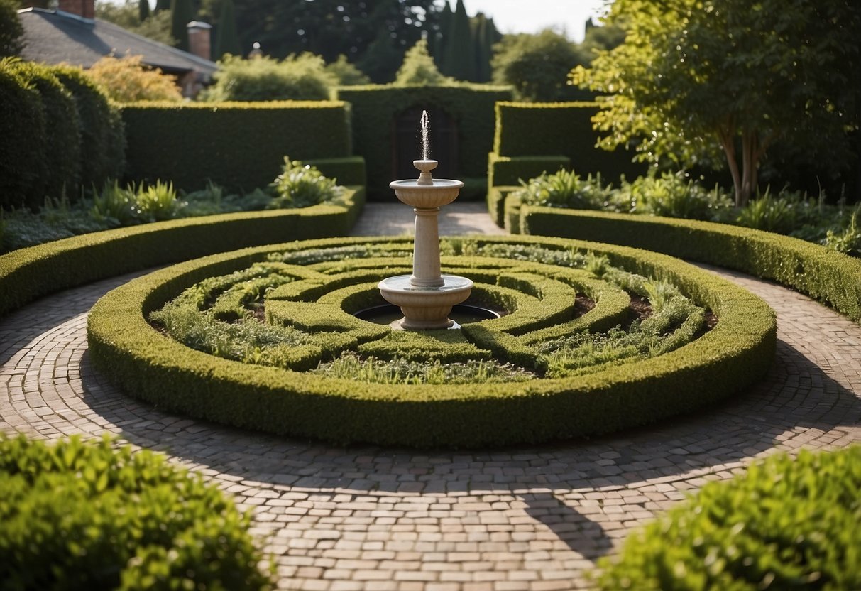 A circle garden with neatly arranged plants and pathways, surrounded by a low hedge. A small fountain or bird bath is placed at the center, with a bench nearby for relaxation