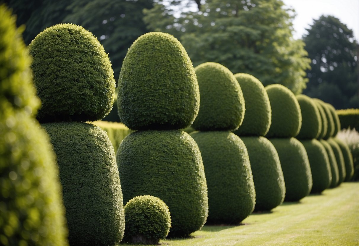 Lush green topiary trees stand tall in a structured front garden, adding a touch of elegance to the UK landscape