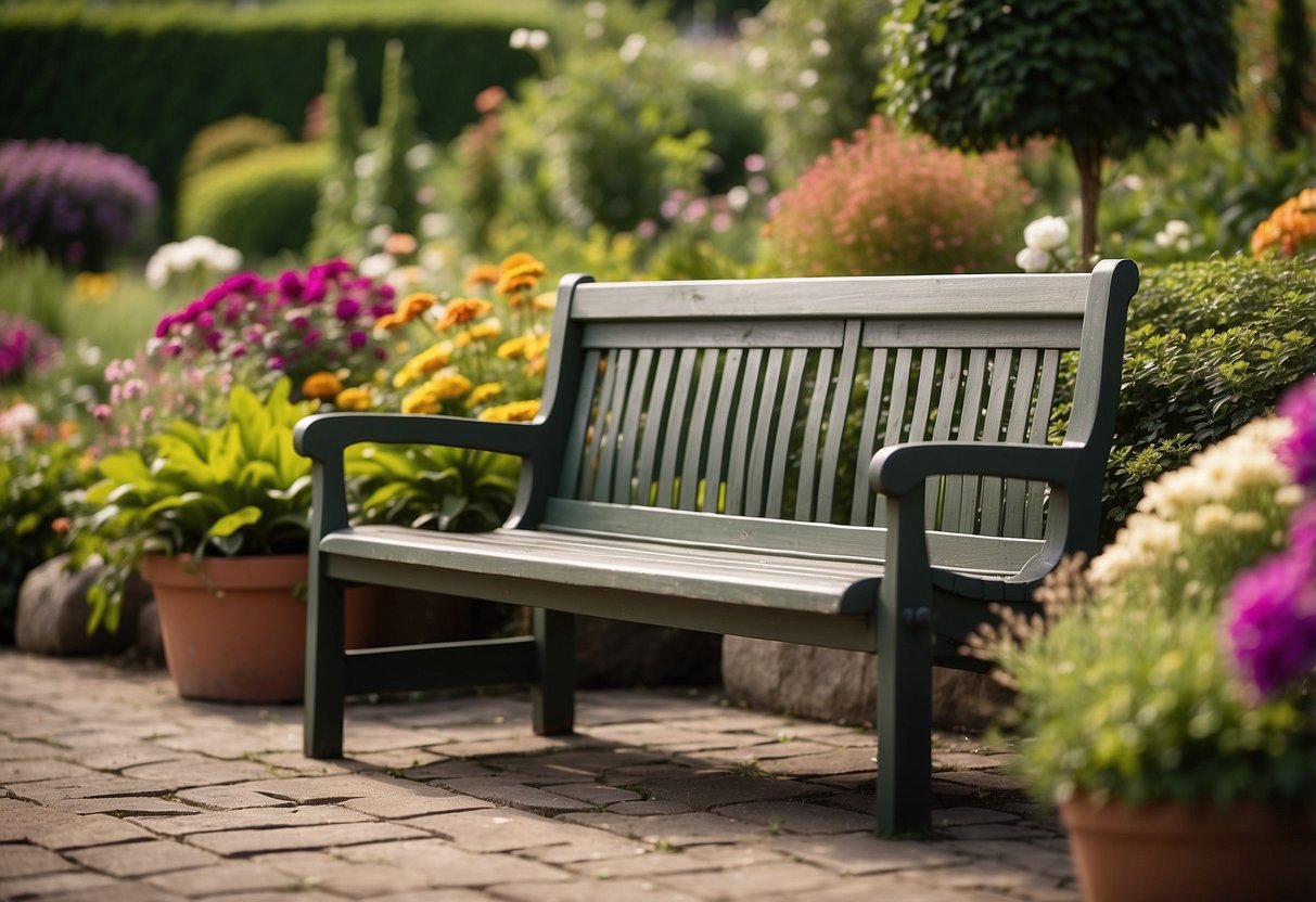 Several garden benches arranged among colorful flowers and lush greenery, creating a peaceful and inviting space for relaxation