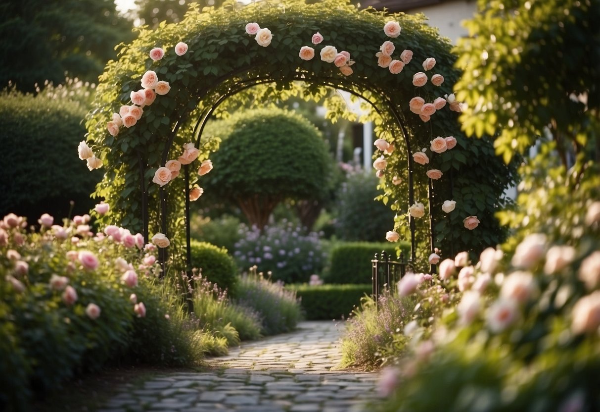 A front garden with climbing roses cascading over a trellis, creating a romantic and charming atmosphere. Stone pathways and lush greenery complete the idyllic setting