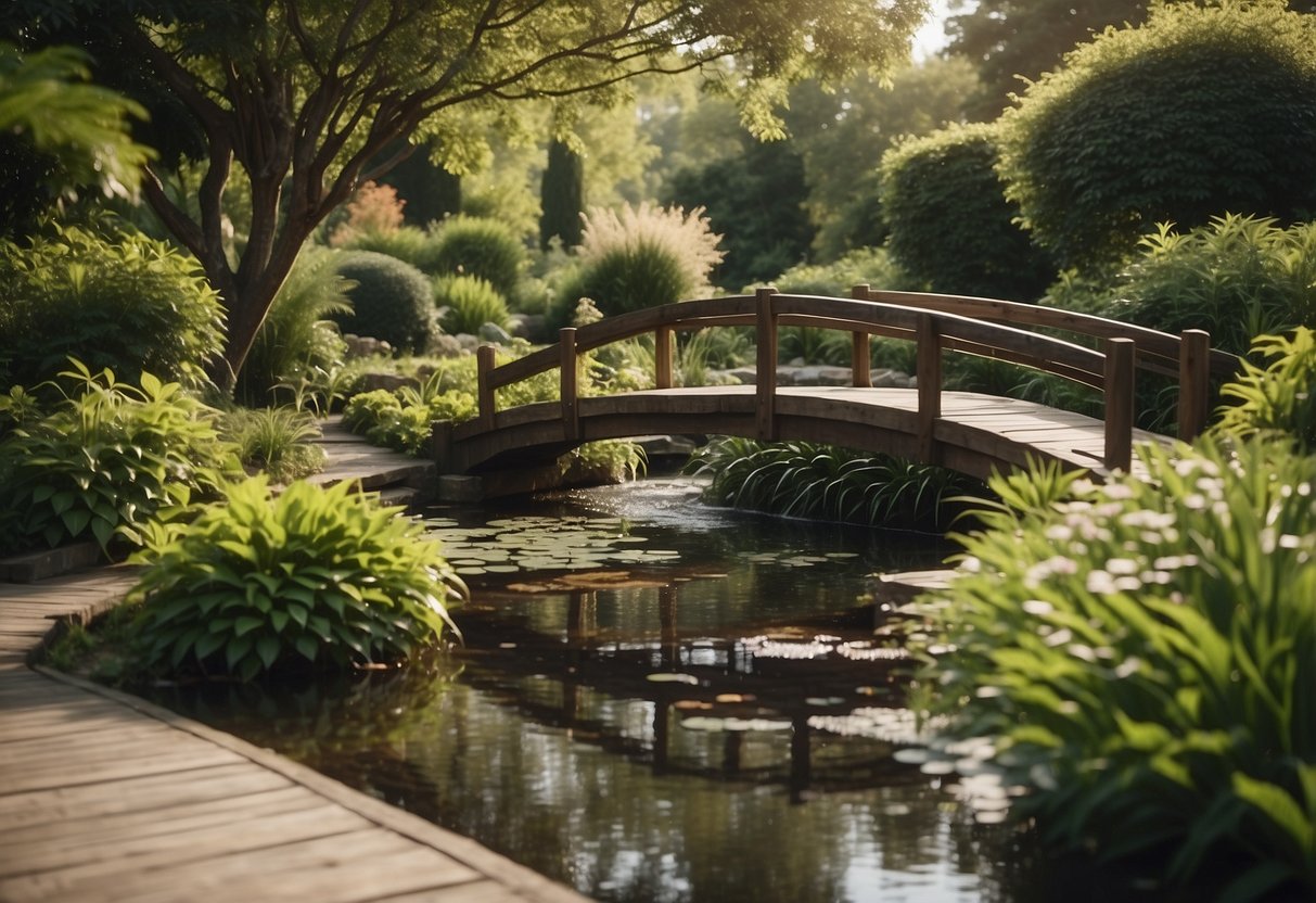 A serene front garden with a small pond, gentle waterfall, and lush greenery. A wooden bridge crosses over the water, creating a peaceful and tranquil atmosphere