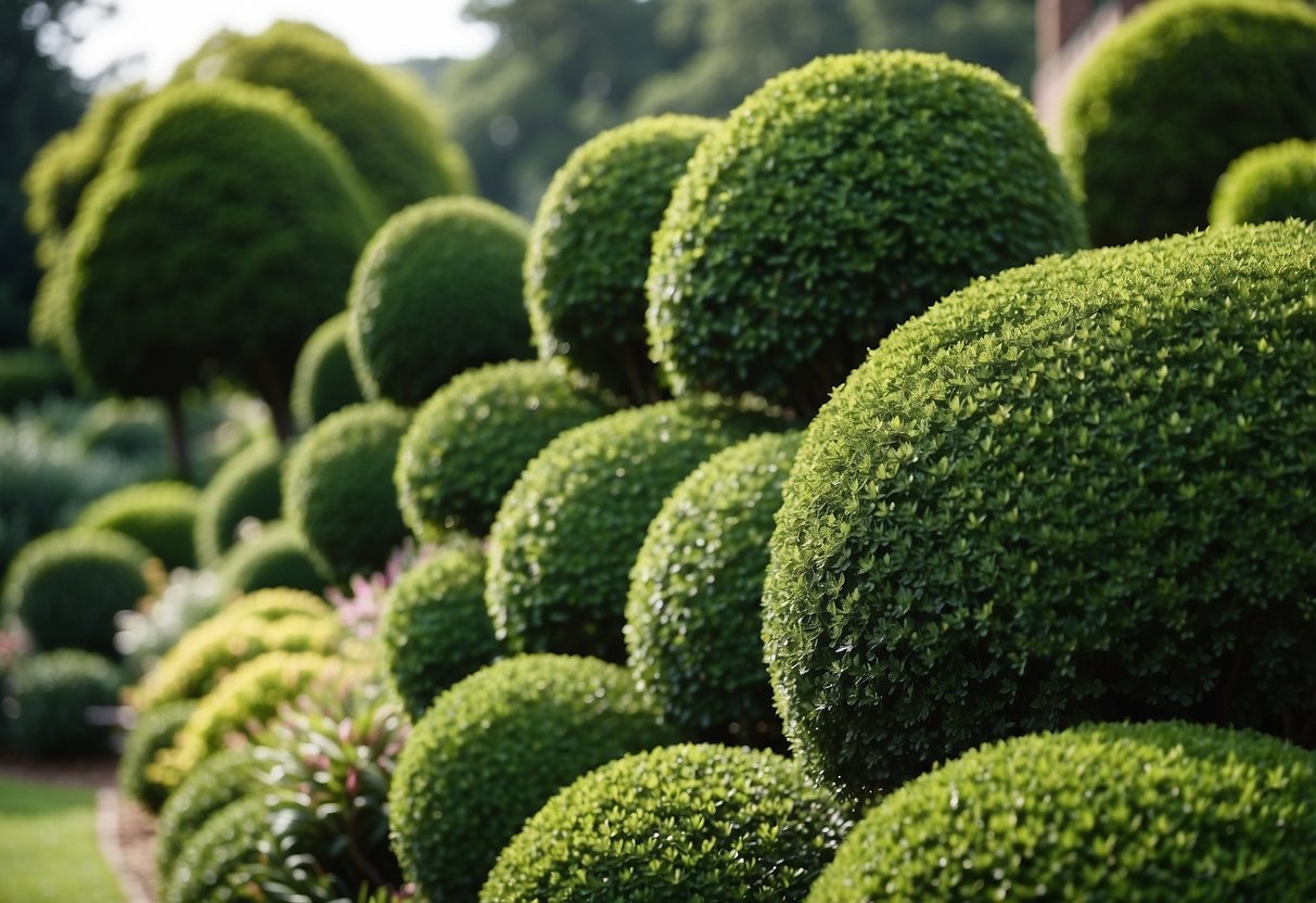 Lush, sculpted shrubs line the front garden, creating an artful display of organic shapes and textures. The carefully manicured foliage adds depth and interest to the landscape, inviting visitors to explore the artistic design