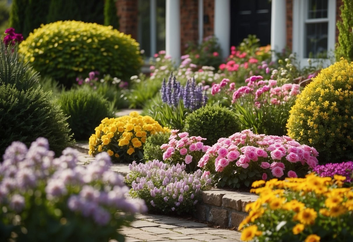 A front garden with colorful flowers and plants arranged in a symmetrical and well-balanced design, with a mix of perennials and annuals for year-round interest