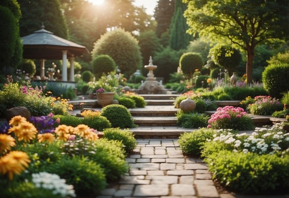 A serene garden with a central water feature surrounded by lush greenery and colorful flowers. Stone pathways lead to cozy seating areas and decorative sculptures