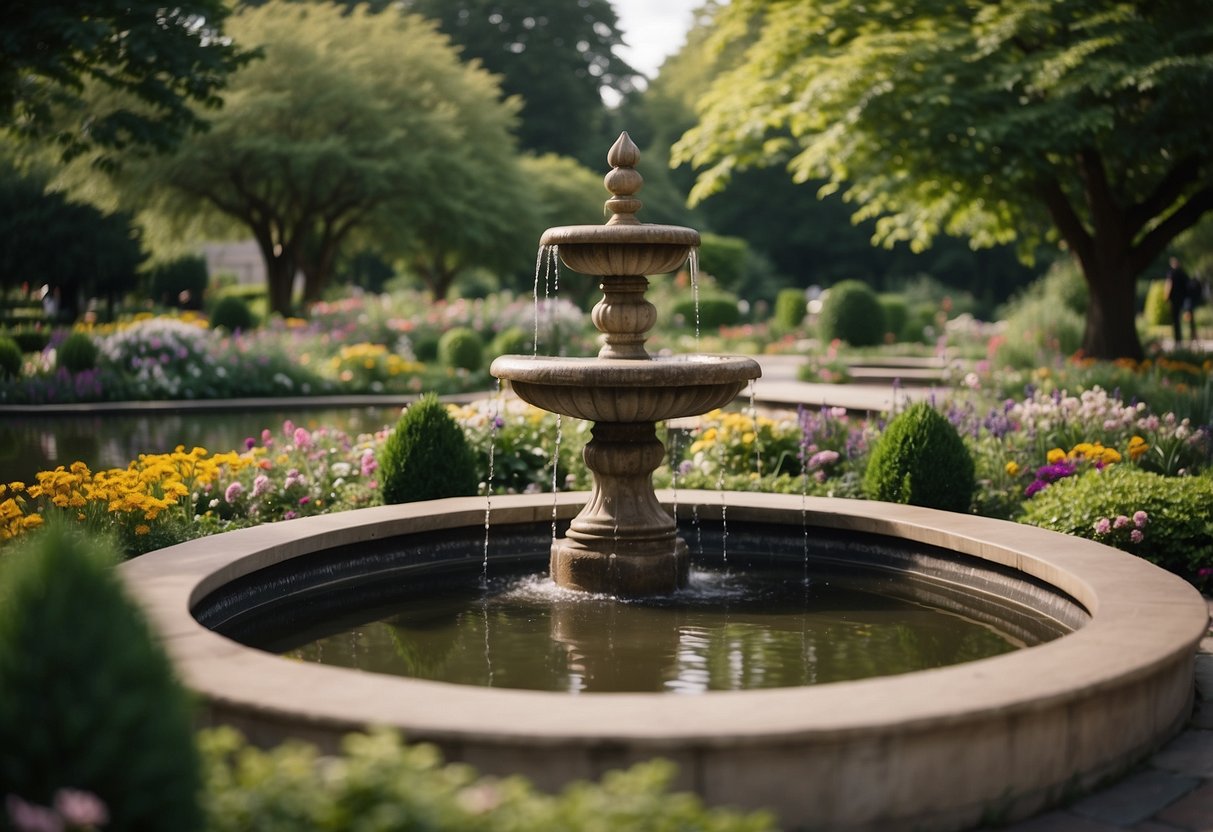 Lush greenery surrounds a central fountain, with winding paths leading to secluded benches and vibrant flower beds in a harmonious public garden design