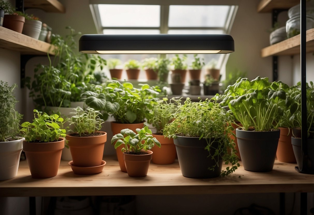 A bright, sunlit room with shelves of potted herbs and vegetables, a small grow light overhead. A table holds soil, seed packets, and gardening tools for an indoor vegetable grow kit