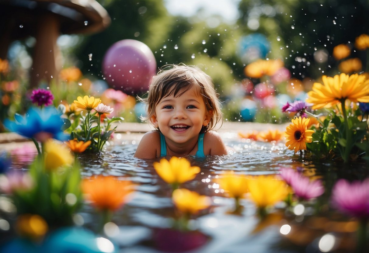 Children splash in a colorful water play area surrounded by vibrant flowers and whimsical garden creatures