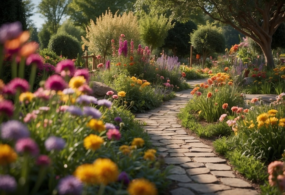 A winding path through a vibrant garden, with colorful flowers, textured plants, and interactive sensory elements like wind chimes and tactile sculptures