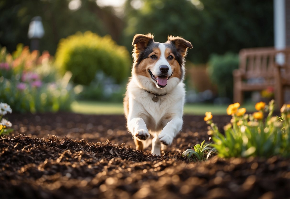 A dog happily plays in a garden filled with soft, pet-friendly mulch alternatives like wood chips or rubber mulch. Safe and inviting for furry friends to explore