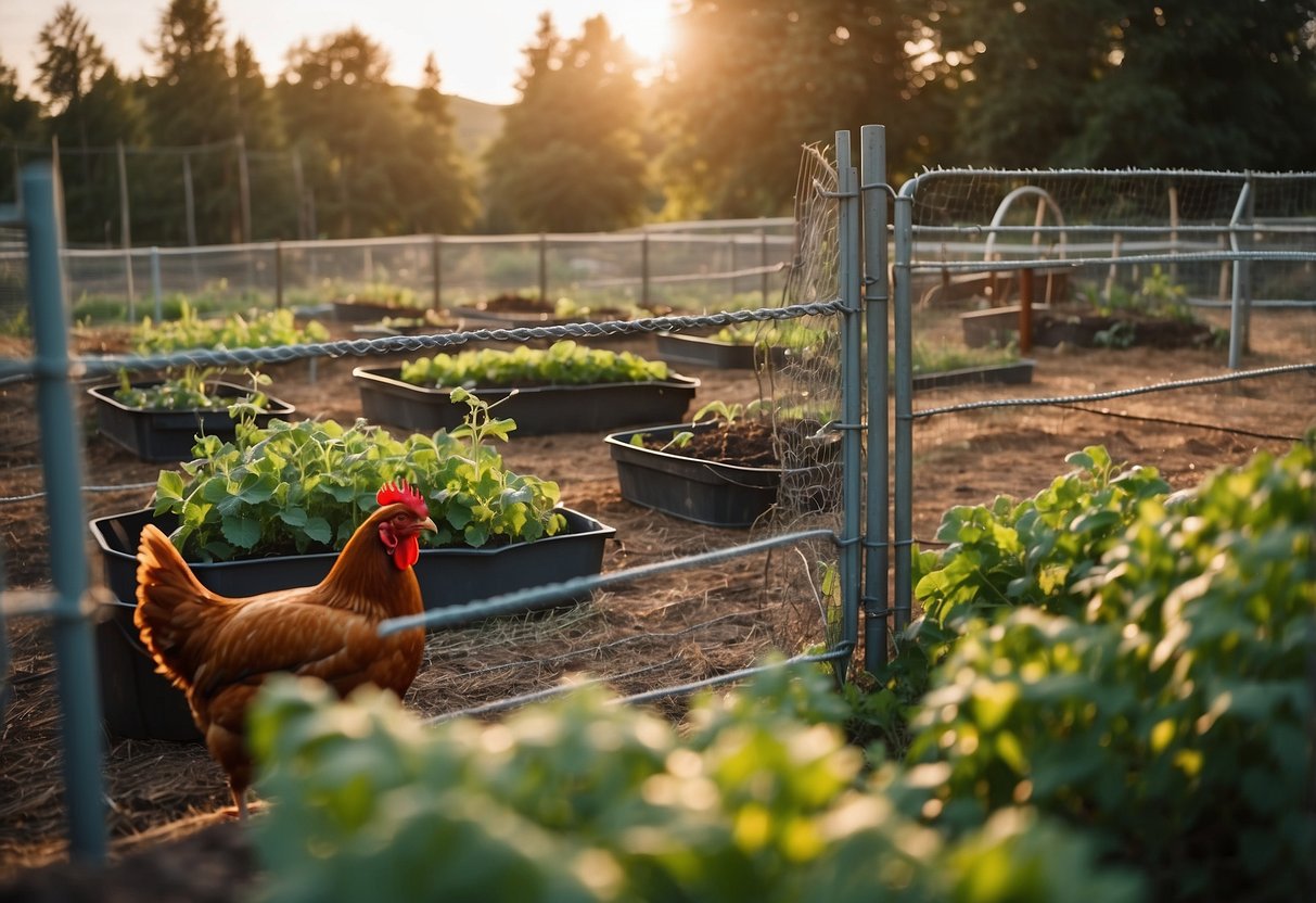 A fenced vegetable garden with raised beds and sturdy gates, surrounded by a barrier of chicken wire buried underground to prevent dogs from digging