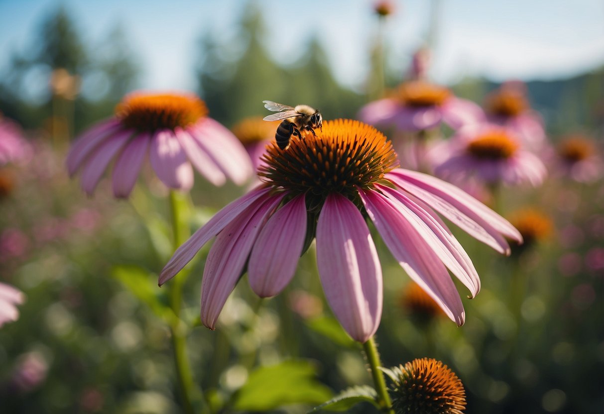 A vibrant coneflower garden blooms with purple, pink, and white blossoms. Bees and butterflies flit among the tall, sturdy stems, creating a lively and colorful scene