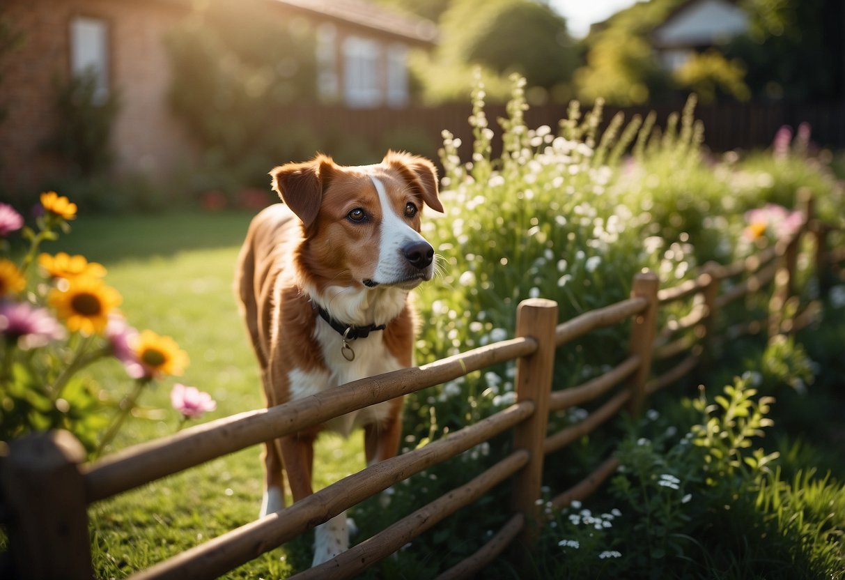 A tall, sturdy fence surrounds a lush garden, with no gaps for dogs to slip through. Various plants and flowers thrive inside, safe from any curious canine intruders