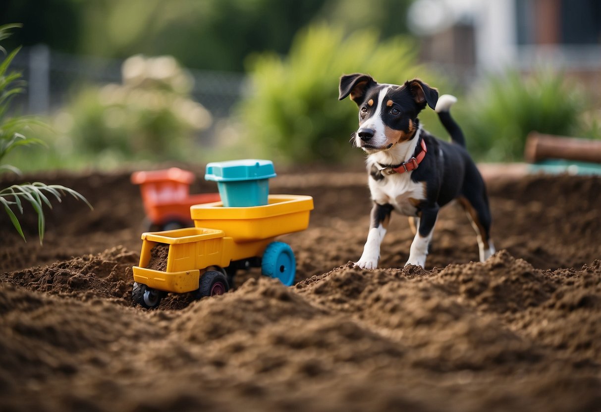 A fenced-off area with soft, loose soil and designated digging toys. Surrounding plants are sturdy and tall to deter dogs from digging elsewhere