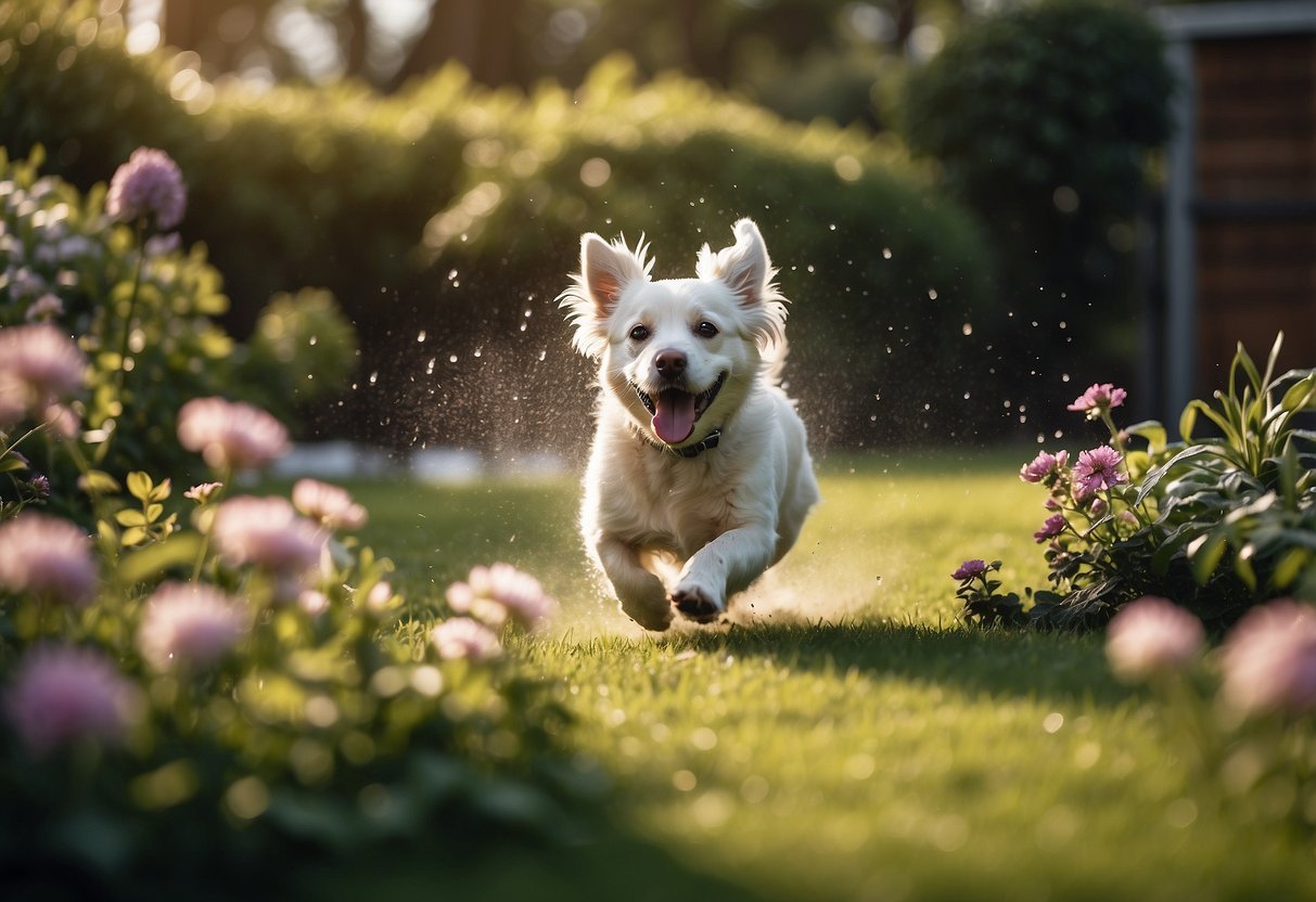 A dog running through a garden, getting sprayed by motion-activated sprinklers, with plants and flowers in the background