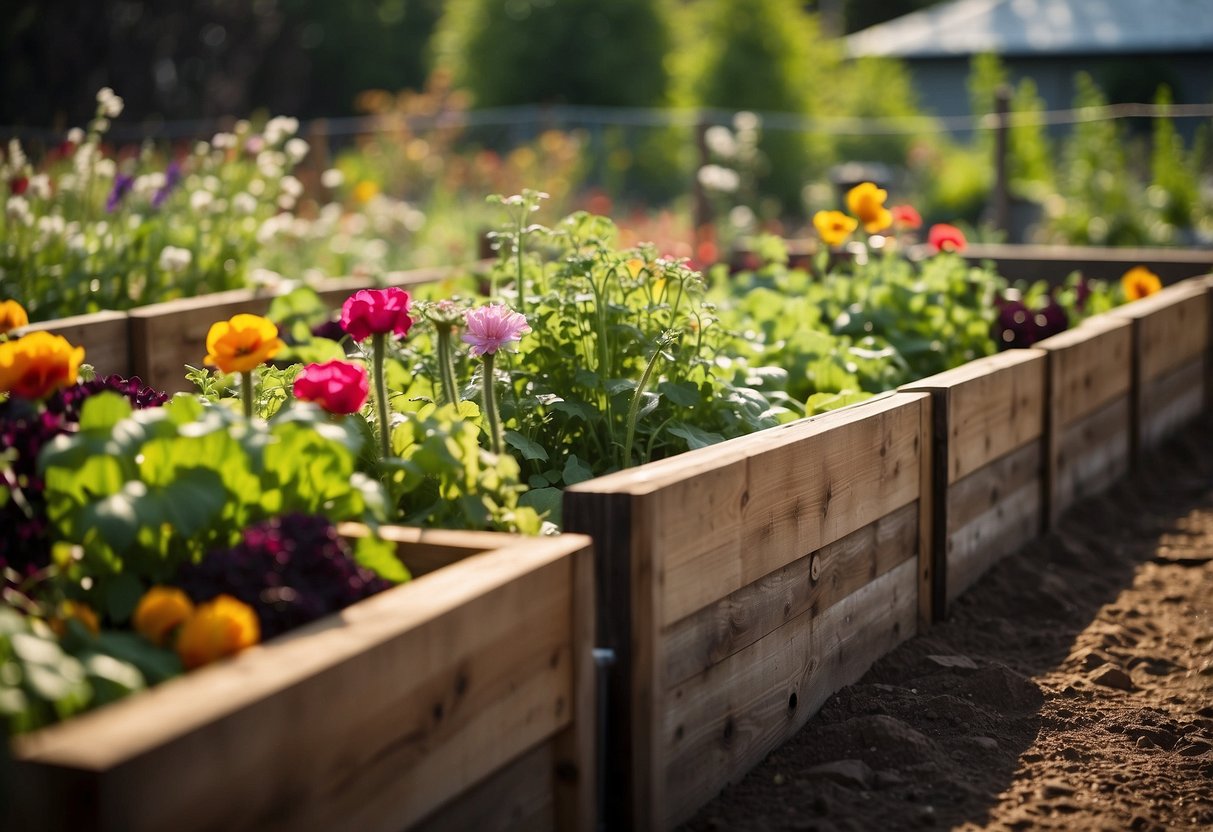 Raised garden beds filled with flowers and vegetables, surrounded by a sturdy fence to keep dogs out