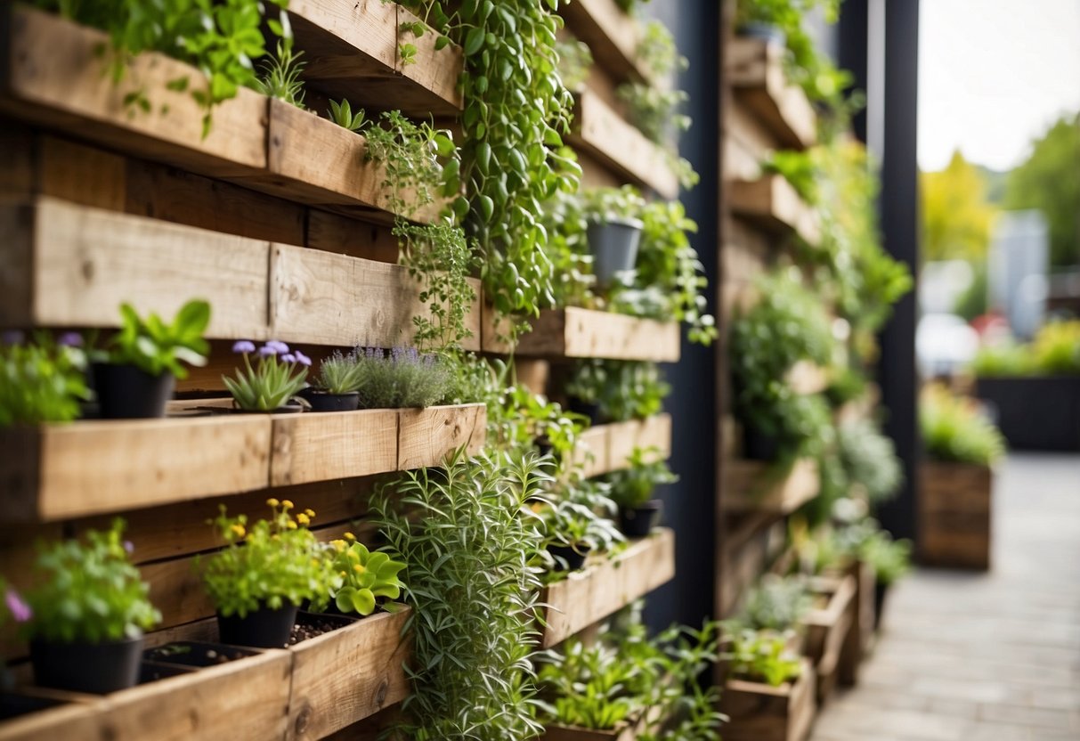 A wooden pallet stands upright against a wall, filled with an array of herbs and small plants. The vertical garden is a creative and budget-friendly addition to any outdoor space