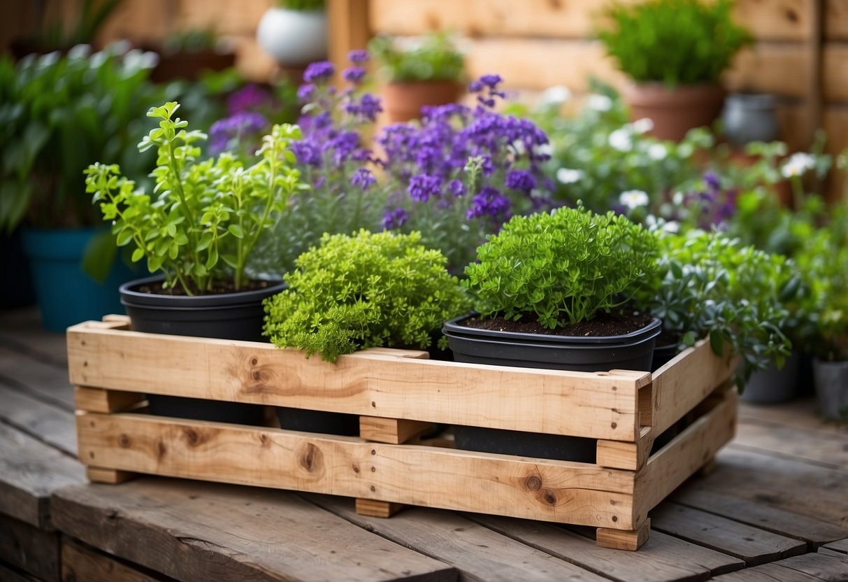 A wooden pallet is propped up against a wall, filled with vibrant green plants and flowers. Surrounding it are various gardening tools and materials, showcasing a budget-friendly DIY pallet planter for a small garden