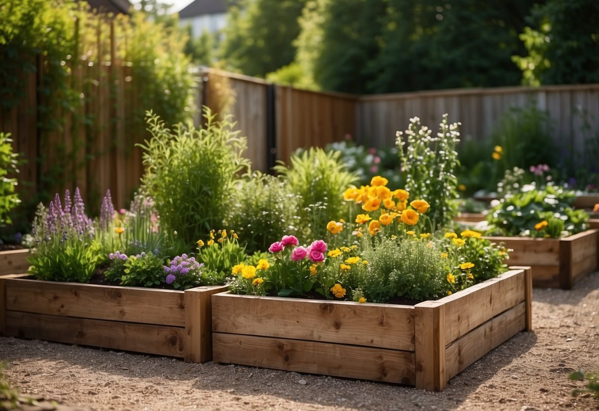 A small garden with raised beds made of reclaimed wood, surrounded by lush greenery and colorful flowers, providing a budget-friendly and sustainable gardening solution