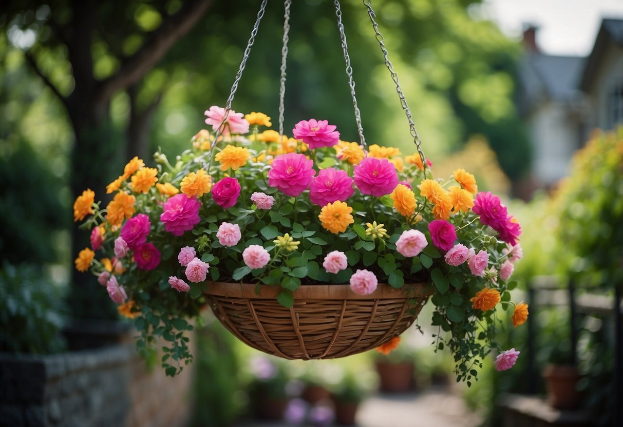 A colorful hanging basket bursts with vibrant blooms, surrounded by lush greenery in a small garden. Budget-friendly and charming