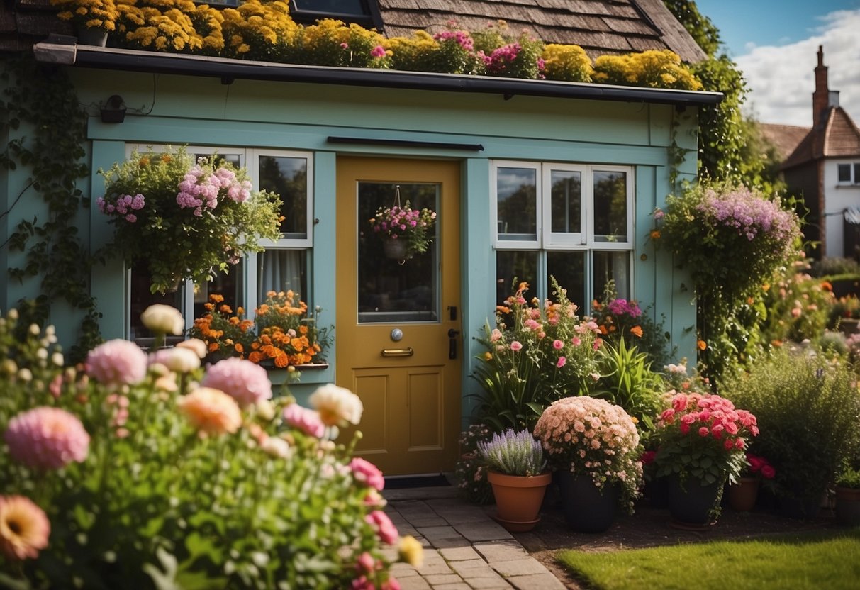 A quaint cottage with window boxes overflowing with colorful flowers, surrounded by a small garden filled with budget-friendly landscaping ideas