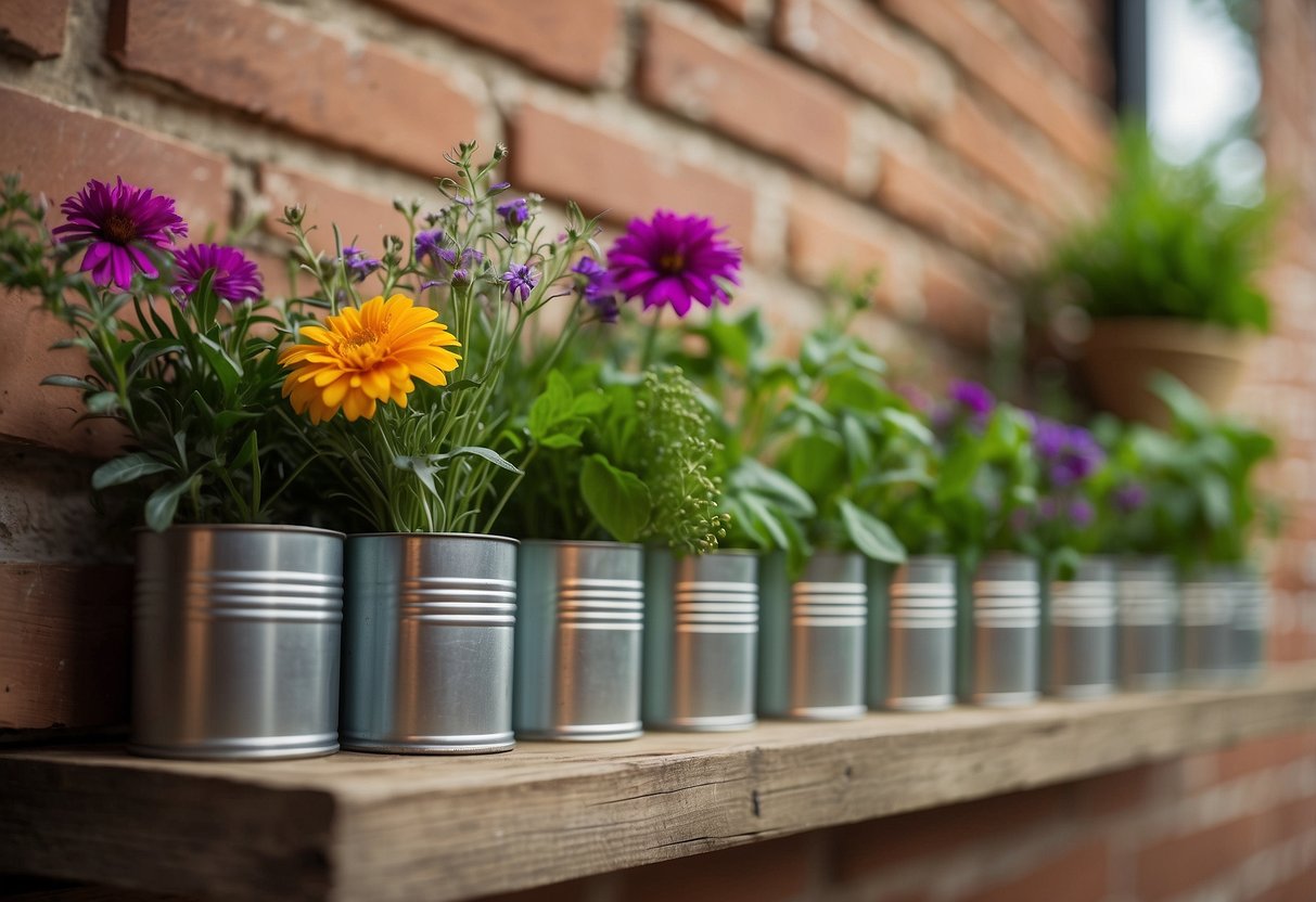 Tin cans filled with vibrant flowers and herbs, arranged on a wooden shelf against a brick wall. A small garden oasis on a budget