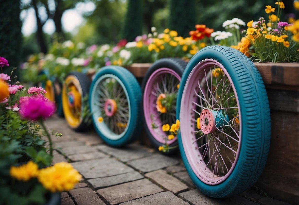 A small garden with colorful flowers displayed in painted tires, surrounded by DIY decor and budget-friendly landscaping