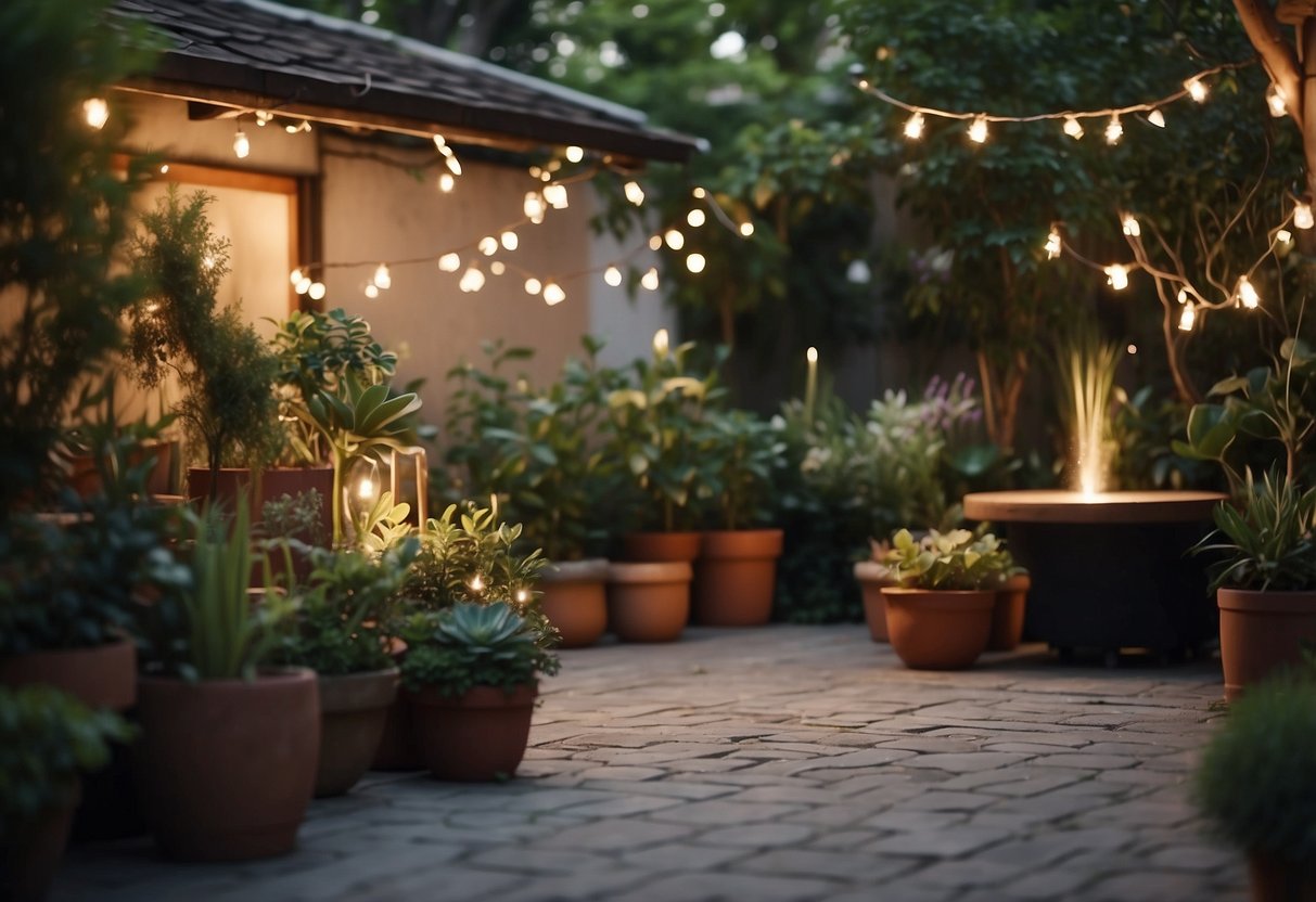 A cozy small garden with potted plants, a wooden bench, and twinkling string lights. A small fountain adds a tranquil ambiance. The space feels inviting and serene, perfect for relaxation and enjoying nature