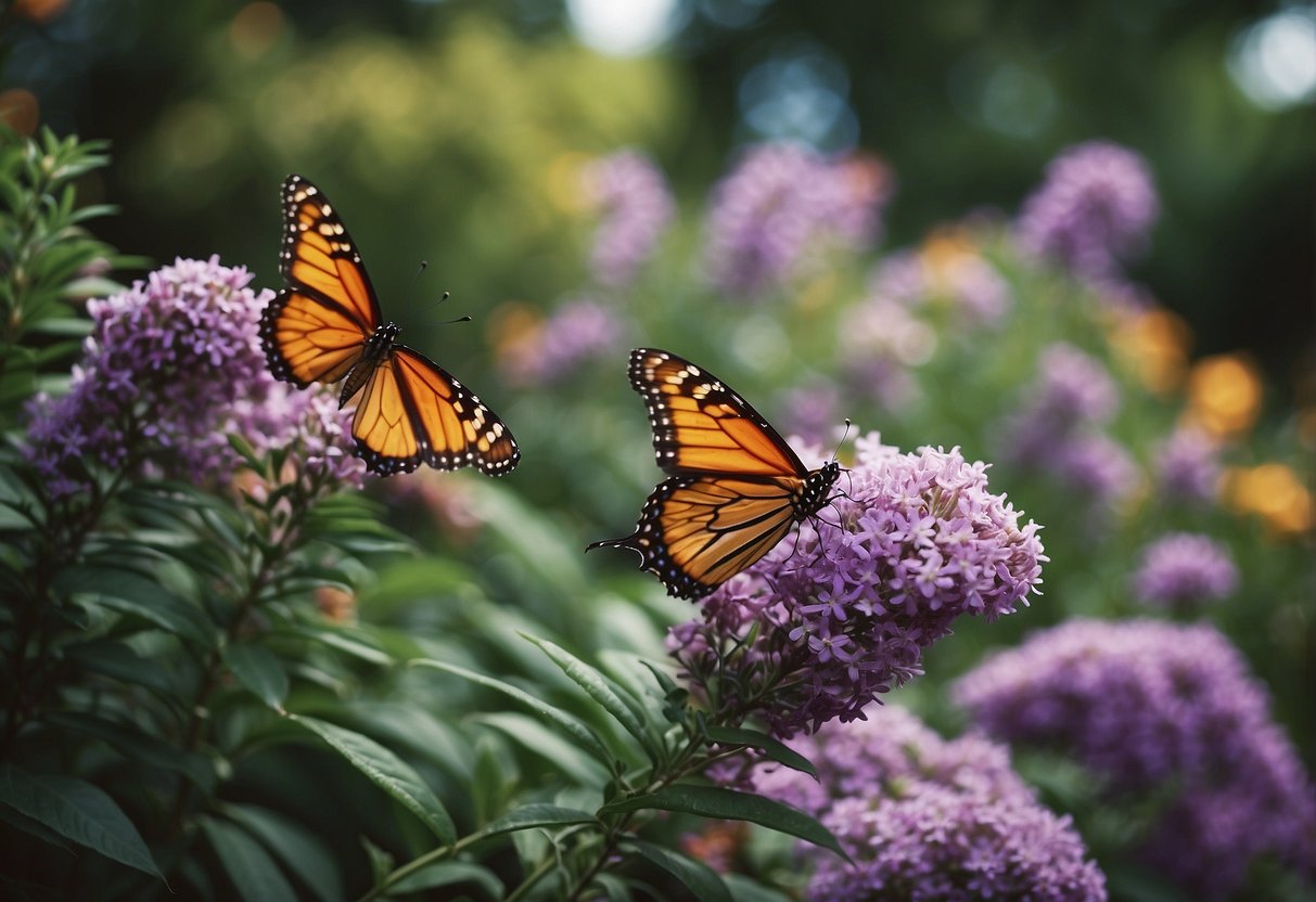 Vibrant butterfly bushes bloom in a sensory garden, surrounded by scented herbs and textured foliage. A symphony of colors and fragrances fills the air