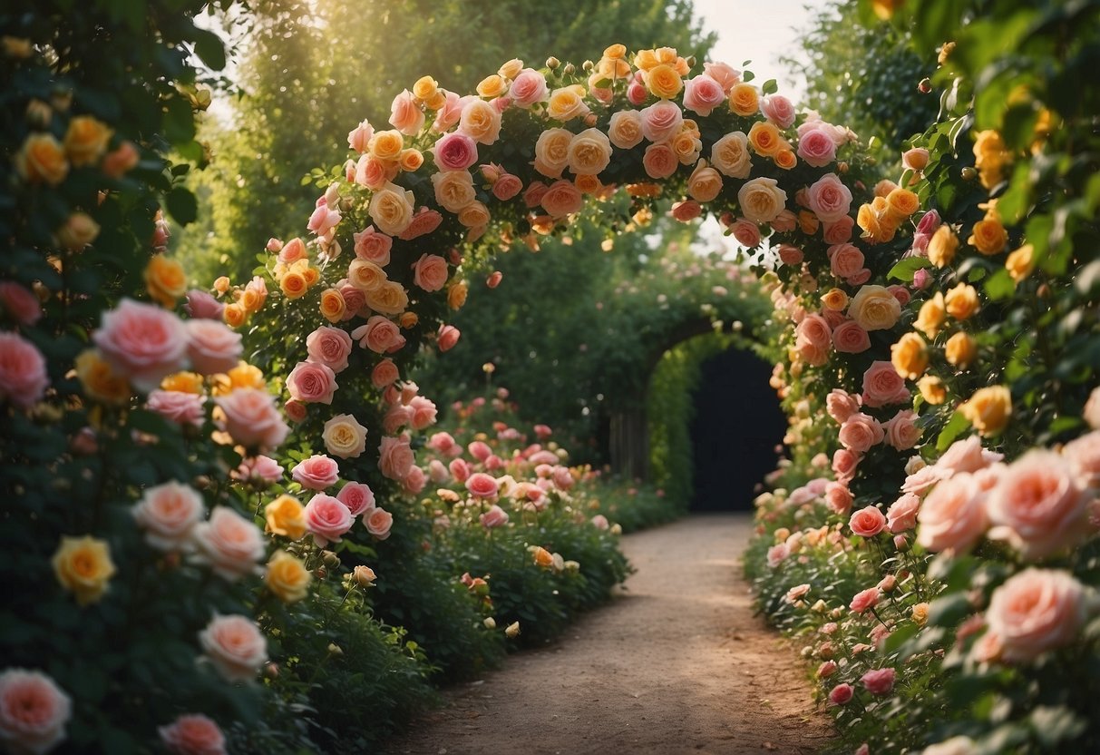 A tunnel of scented roses in a vibrant sensory garden, with colorful blooms and winding vines creating a fragrant and enchanting pathway